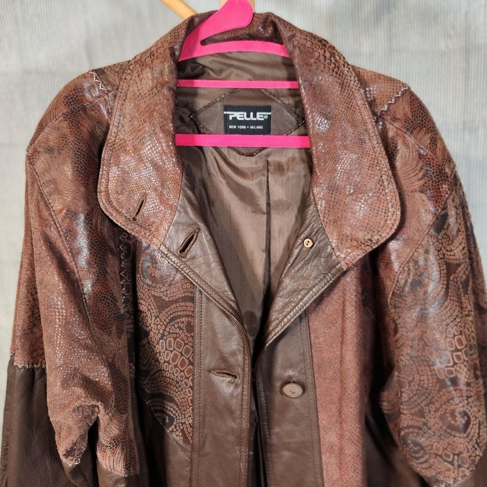 Vintage Pelle $325 Med/Lg Brown Genuine Leather Patchwork Snake Print Jacket NYC